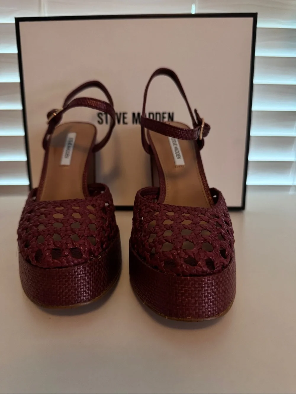 Steve Madden Lexie Raffia Woven Red Platform Block Heels